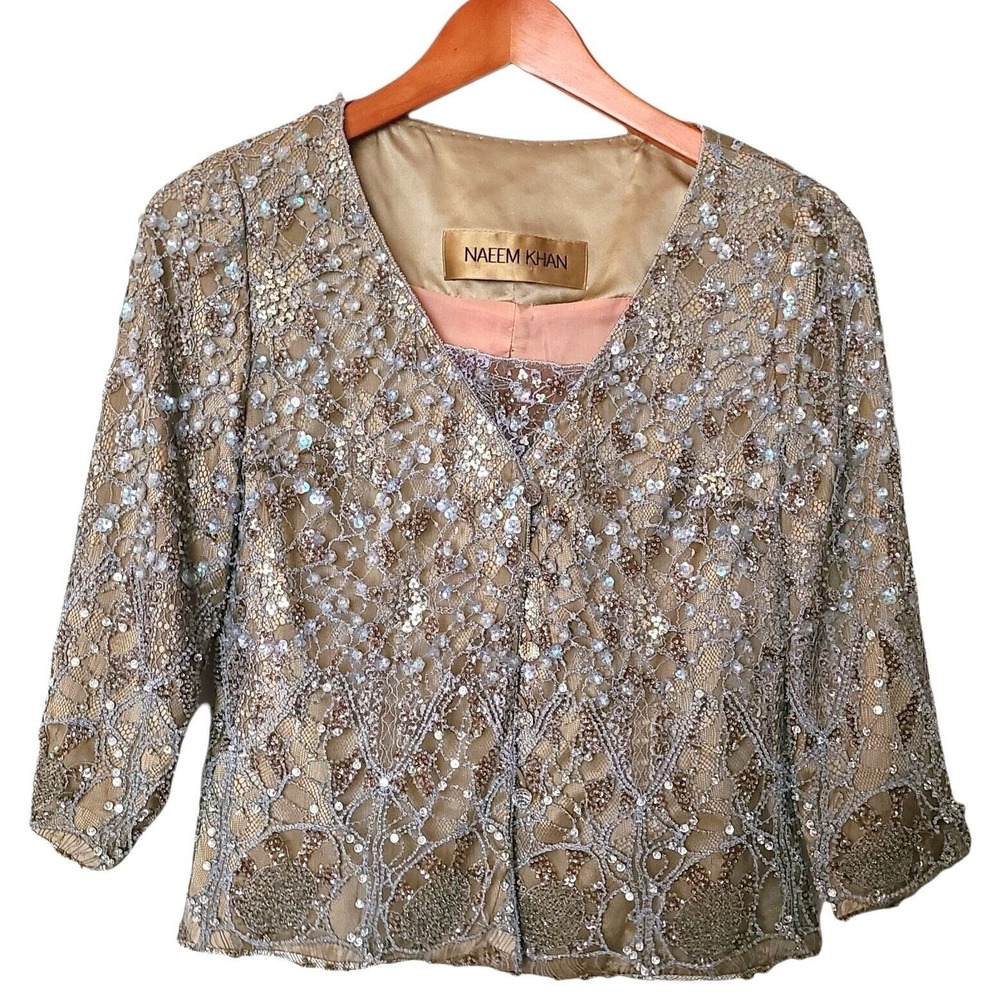 Naeem‎ Khan Heavy Sequin & Beading Evening Lace Jacket XS 0 2 Tan Blue